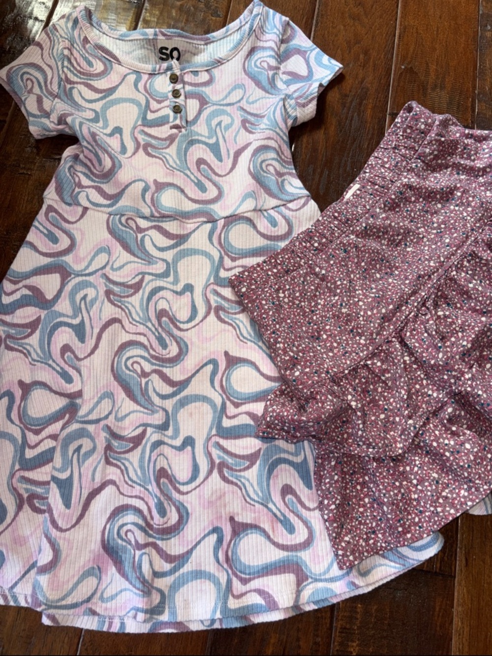 SO Girls' Pink & Blue Swirl Dress and  Ruffled Mauve Floral Skort